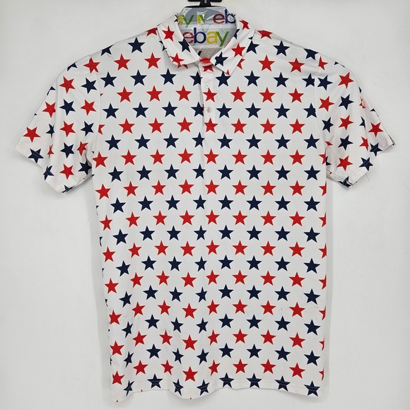 Proud 90 Polo Shirt Mens XL Red Blue White Stars Golf Performance Short Sleeve - Picture 1 of 13